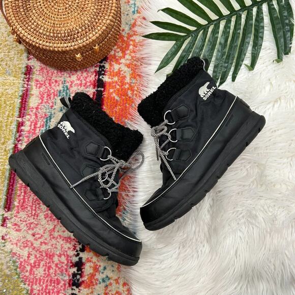 Sorel Neutral Black White Fleece Explorer Carnival Winter Boots 9 Style 3040-010 - Picture 1 of 9
